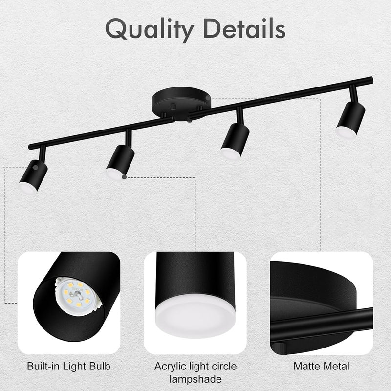 AUQUEE 4 Light Track Lighting Fixtures Ceiling, 16W/2700K Black Track Lighting with Acrylic Lampshade & Rotatable Light Heads, 20000hrs Lifespan, Modern LED Track Lights Ceiling for Kitchen/Hallyway - Image 2